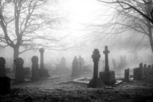 Greyscale misty graveyard