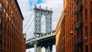 Brooklyn Bridge view through Buildings in New York