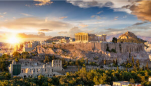 view of The Acropolis in Athens Greece during sunset
