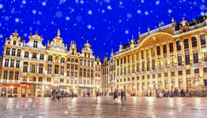 Grand Palace in Brussels Belgium on a snowy night