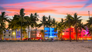 Ocean Drive at sunset in South Beach Miami Florida