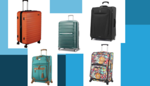 orange suitcase, green hard suitcase, black soft suitcase, green suitcase, floral suitcase