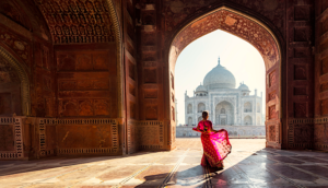 Woman in front of Taj Mahal in Agra India near Delhi