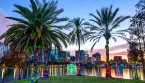 downtown skyline of Orlando, Florida near Eola Lake