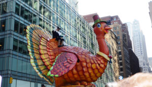 Turkey gobbler float at Macy's Thanksgiving Day Parade in New York City