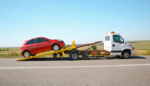 Red-car-on-tow-truck-on-highway