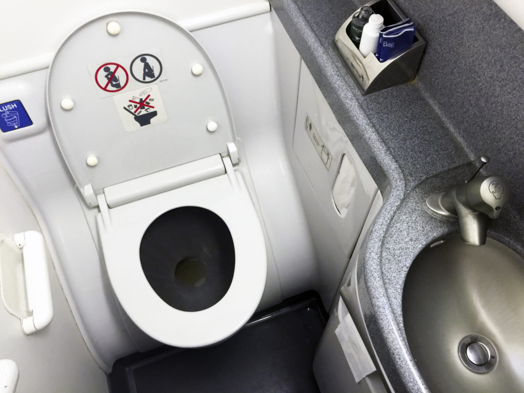 Overhead view of an airplane restroom
