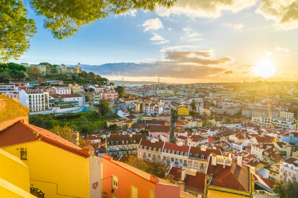 Aerial view of Lisbon, Portugal at sunset