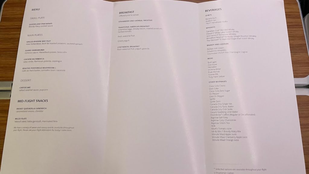 Drink menu from Business Class food service on American Airlines flight