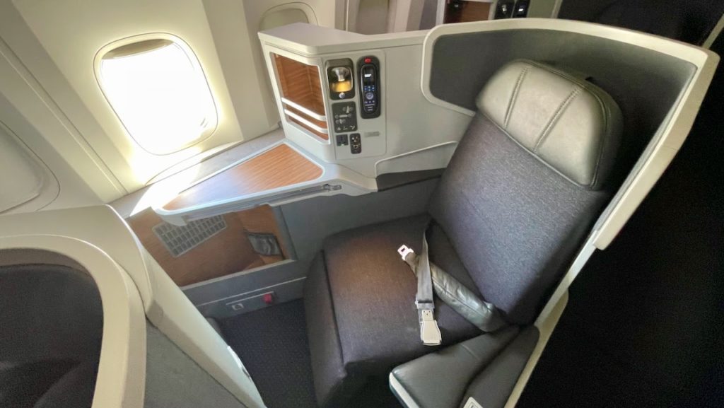 Seat in business class cabin on American Airlines flight