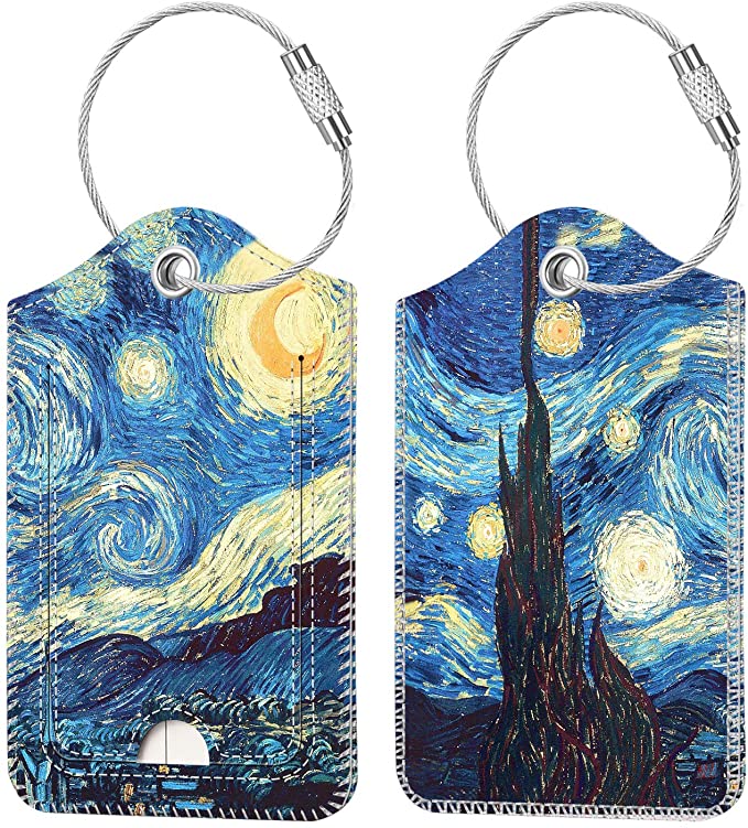 Two luggage tags with a print of Van Gogh's Starry Night on them