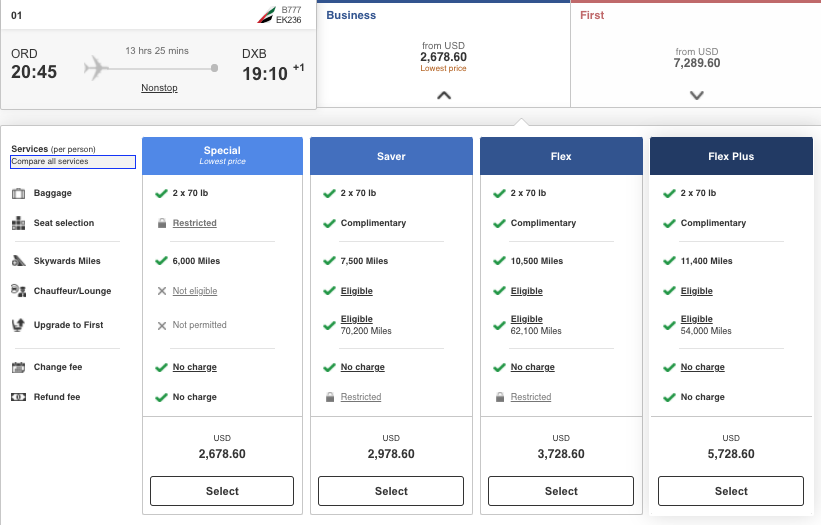 Screenshot of Special, Saver, Flex, and Flex Plus Business Class fares on airline Emirates