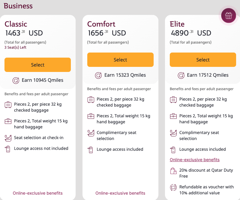 Screenshot of amenities and services included in Qatar Airways Classic, Comfort, and Elite Business Class fares