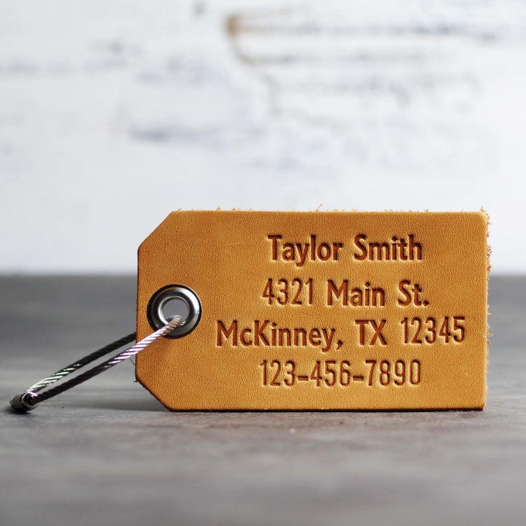 Tan leather luggage tag