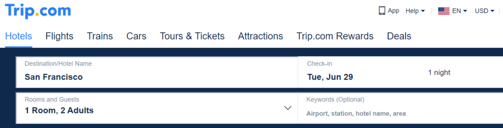 Screenshot of Trip.com search for hotels in San Francisco