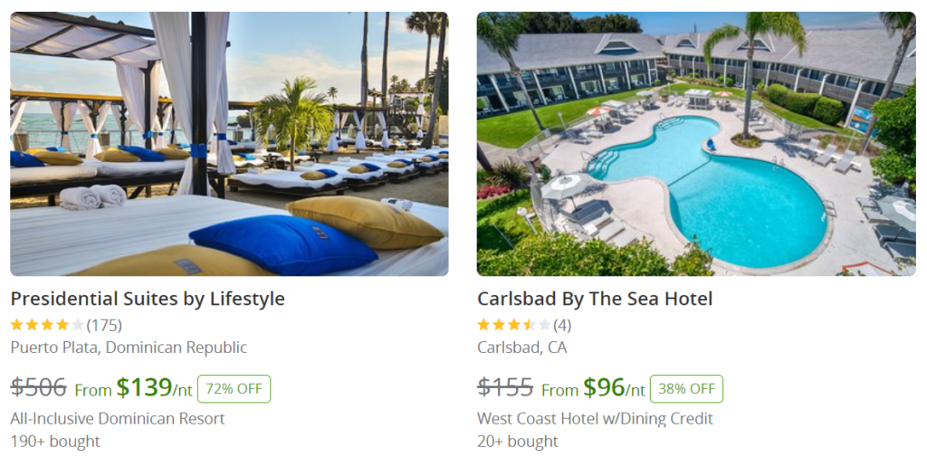 Screenshot of discounted hotels listed on Groupon