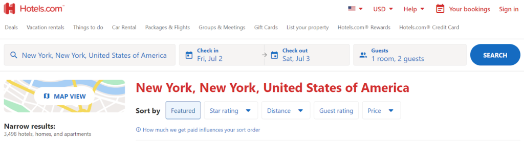 Screenshot of Hotels.com search for hotels in New York City