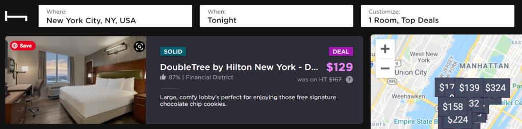 Screenshot of Hotel Tonight search for a DoubleTree hotel in New York City