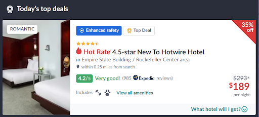 Screenshot of Hotwire's Hot Rate Hotels feature