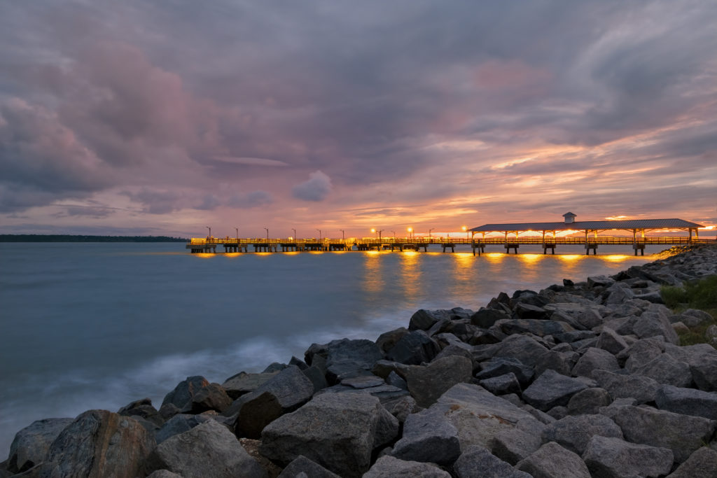 Dock lit up at night on Saint Simons Island, GA 