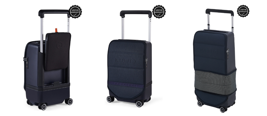 Three views of the Kabuto expandable carry-on suitcase