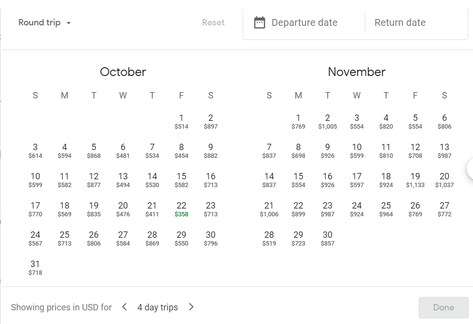 Screenshot showing Google Flights calendar