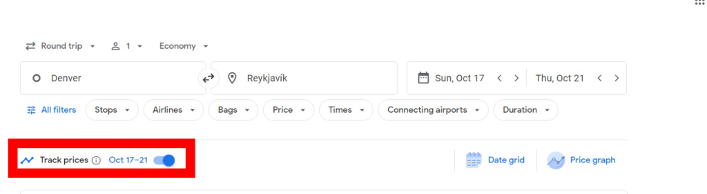 Screenshot illustrating the Track Prices function on a Google Flight Search