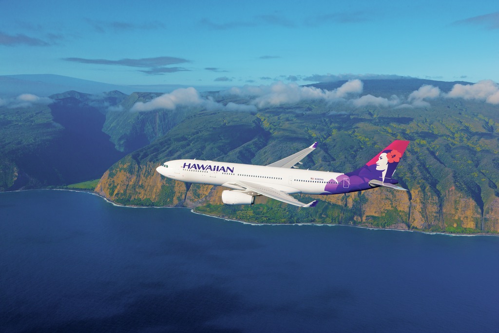Hawaiian Airlines plane flying over Hawaii