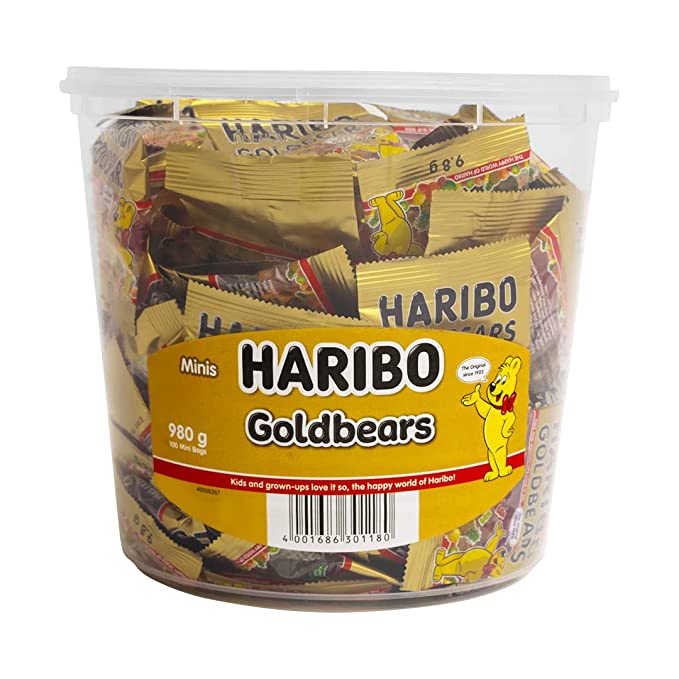 Large plastic tub full of mini bags of Haribo Saft Gold Bears gummy bears
