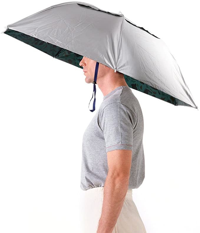 Man wearing grey umbrella hat