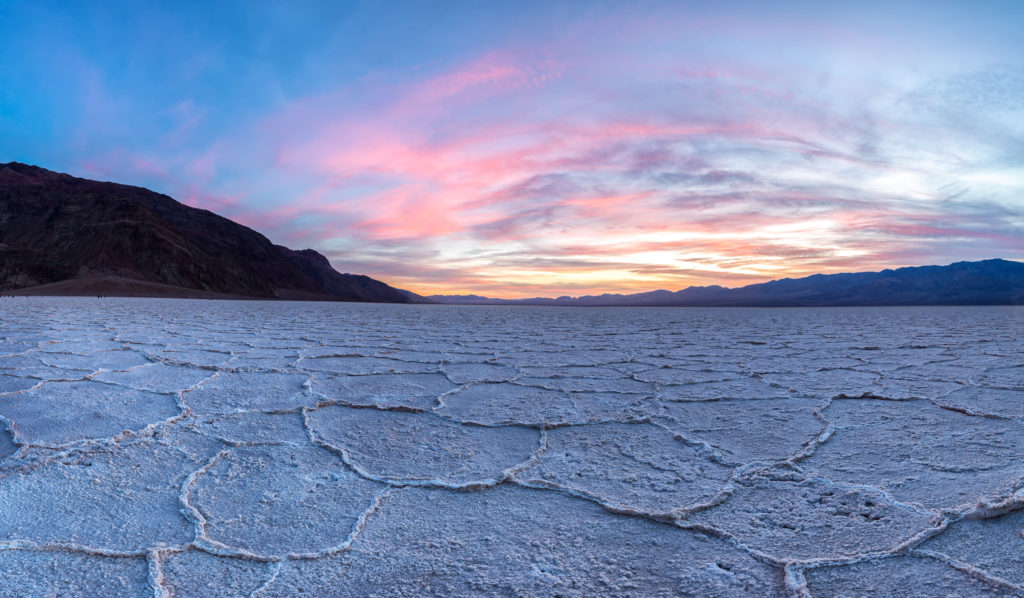 Sunset at Badwater basin, Death Valley, California, USA.