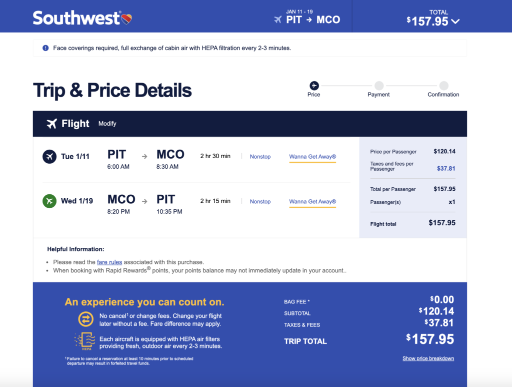 Screenshot of a Southwest Airlines fare search