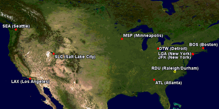 Map showing the hubs and focus cities for Delta Airlines