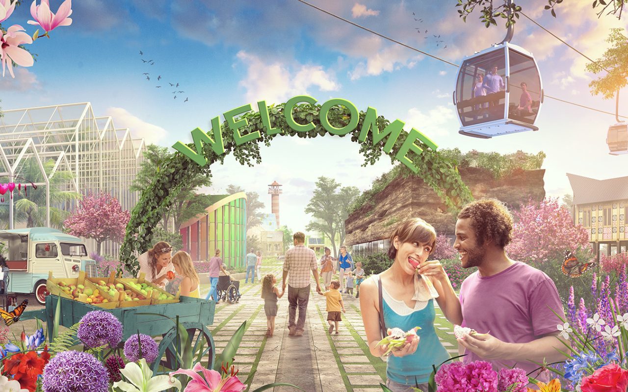 Floriade Expo 2022 concept image showing people wandering through greenhouses and gardens, enjoying activities and food