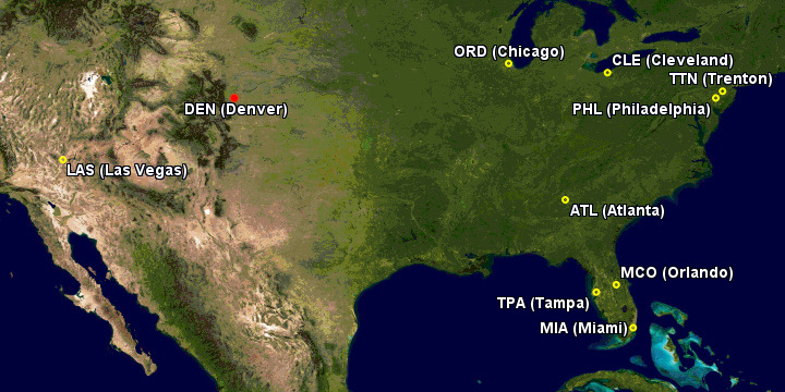 Map showing the hubs and focus cities for Frontier Airlines