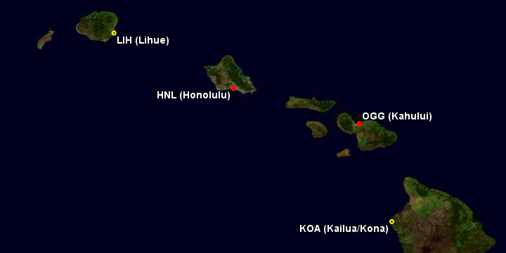 Map showing hubs and focus cities for Hawaiian Airlines