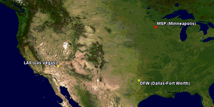 Map showing hubs and focus cities for Sun Country Airlines