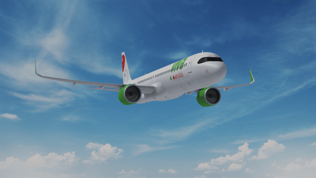 Rendering of VivaAerobus plane mid-flight